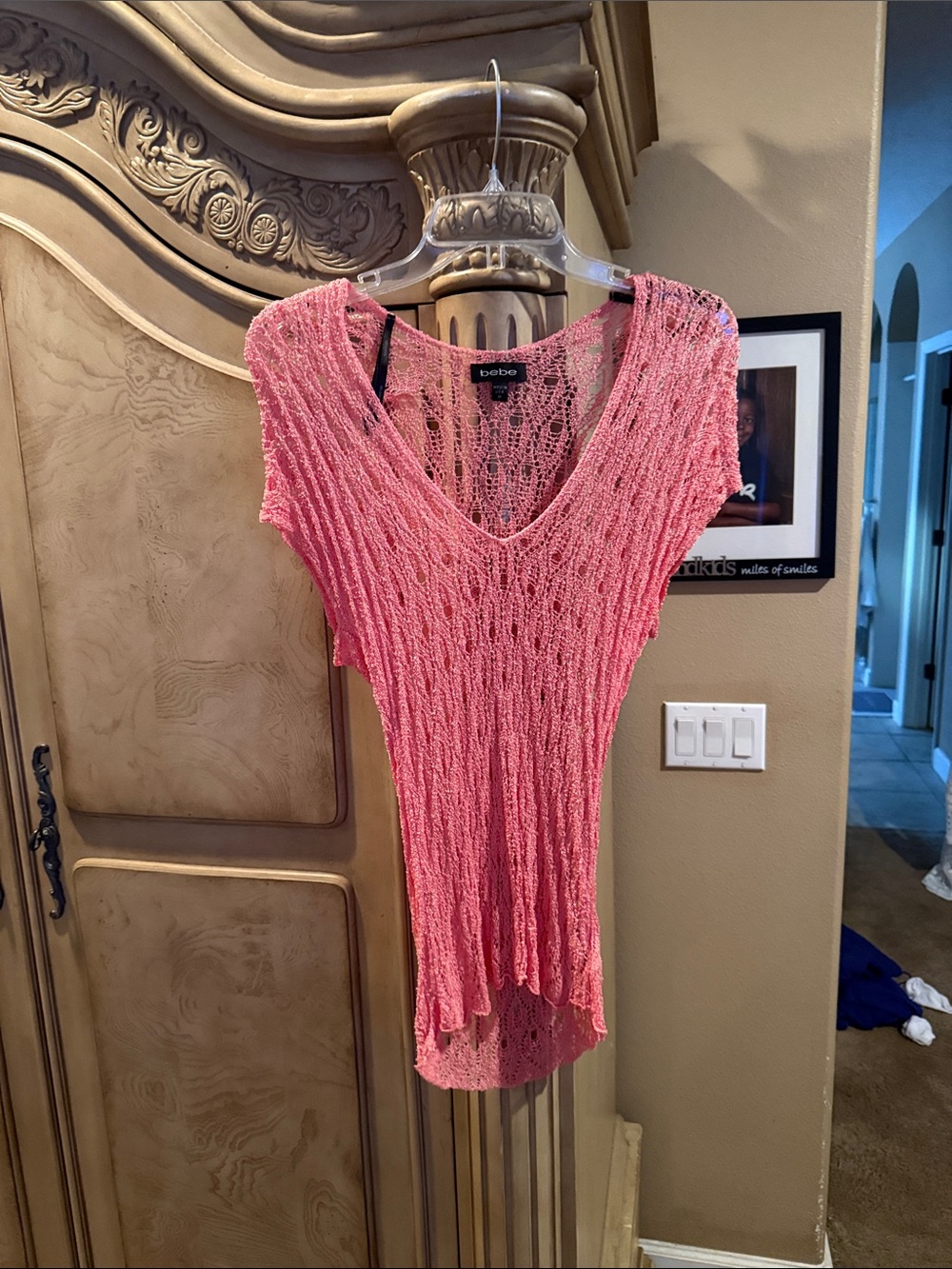bebe Coral Pink Open-Weave V-Neck Tunic